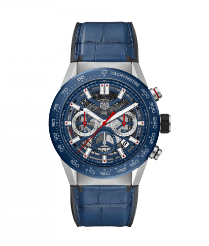 TAG Heuer Carrera Calibre Heuer 02 45 Stainless Steel / Blue Ceramic / Skeleton / Alligator